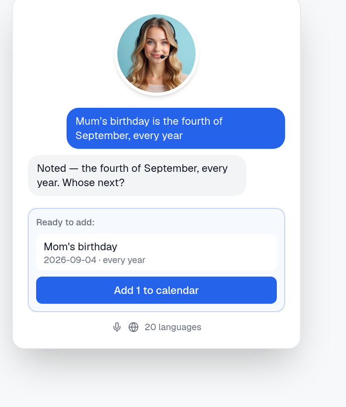 MyCalendar assistant chat — a spoken date confirmed before it is saved