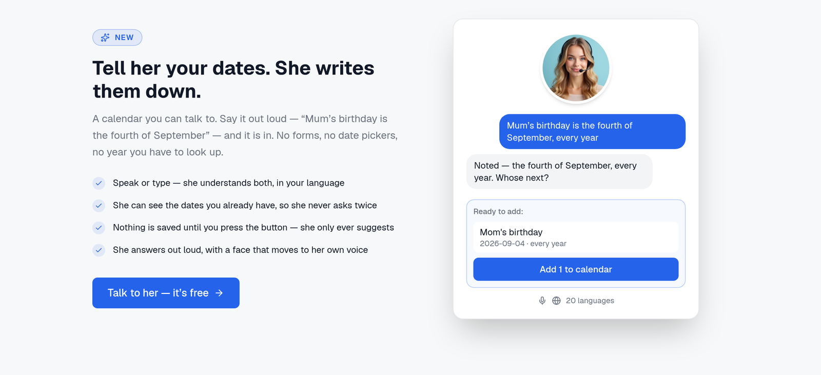 MyCalendar AI assistant — say a date out loud and she turns it into a calendar entry