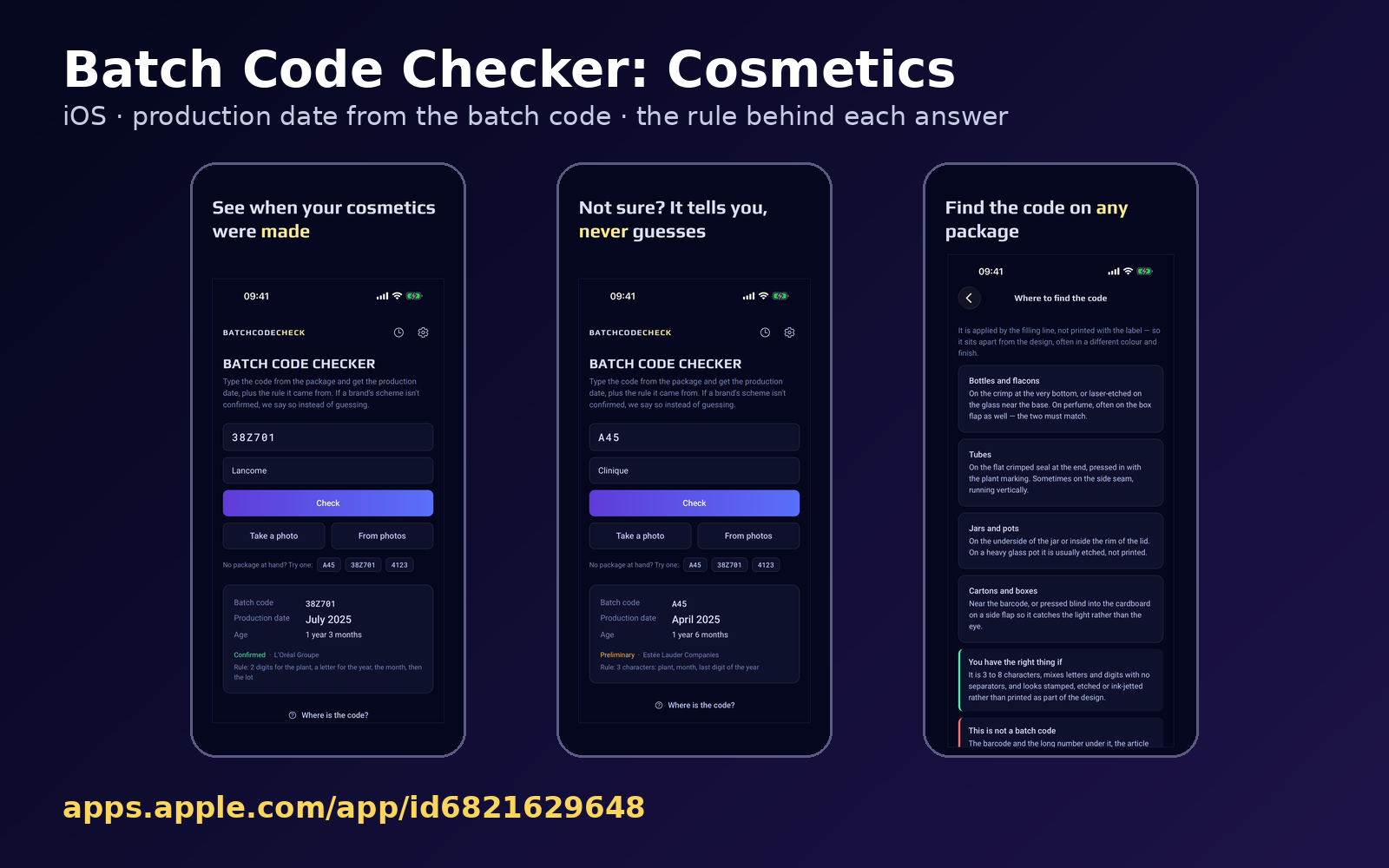 Batch Code Checker: Cosmetics, app screens on iPhone