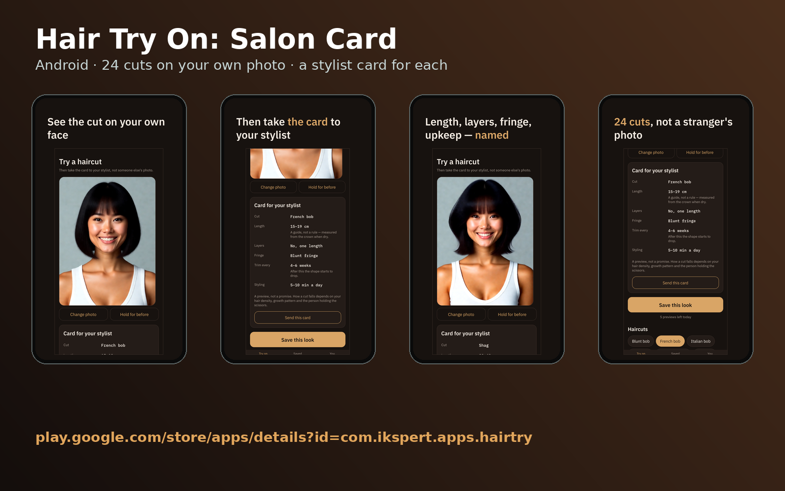 Hair Try On: Salon Card — app screens on Android